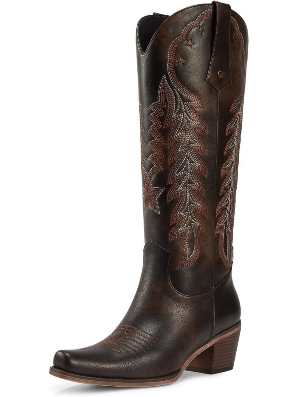 Women's Dark Brown Knee High Cowgirl Boots Embroidered Chunky Heels Pointed Toe